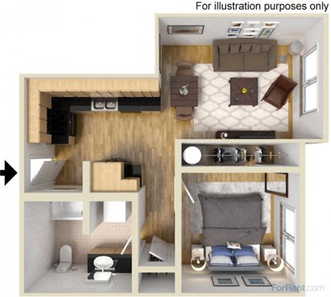 Floor plan for 1 bed, 1 bath, 534 sqft
